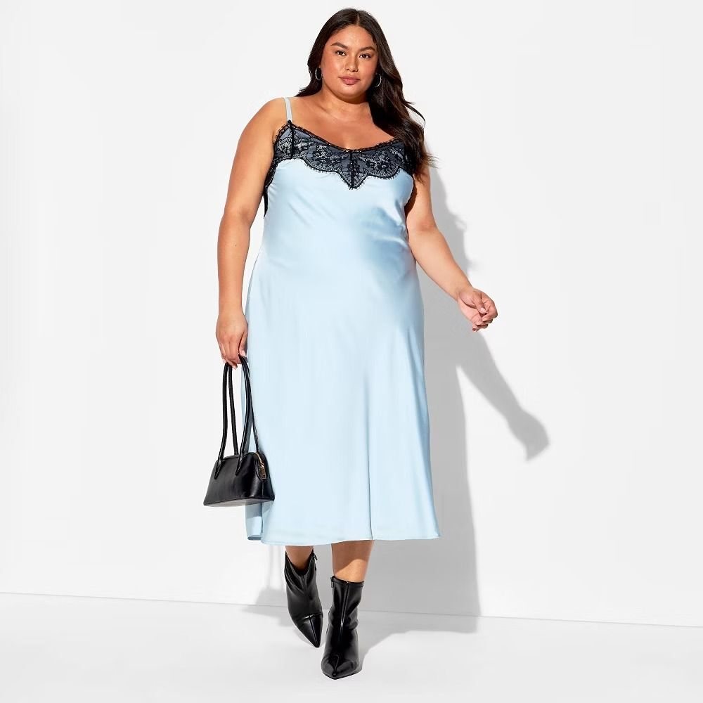 Women's Sleeveless Lace Trim Satin Midi A-Line Dress Wild Fable Blue M - Picture 5 of 7